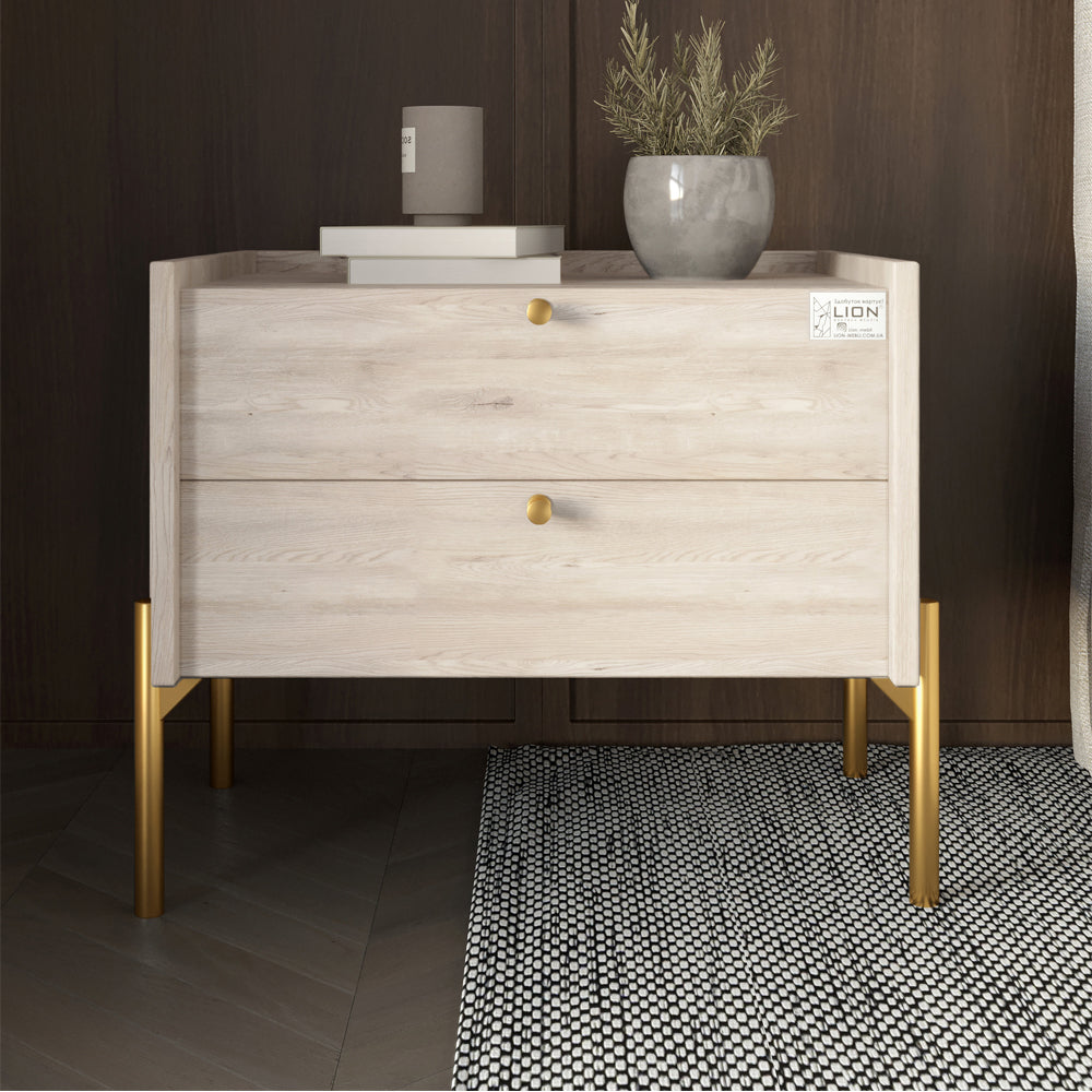 Тумба прикроватная LION Wood с двумя ящиками Самоа Дымчатый (золотые ножки) (LION-041344)