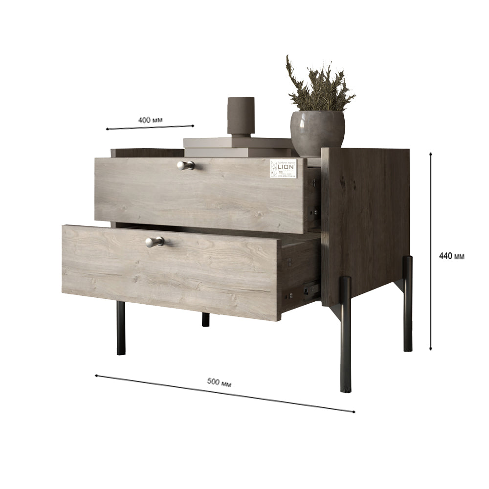 Тумба прикроватная LION Wood с двумя ящиками Бетон style (золотые ножки) (LION-041338)