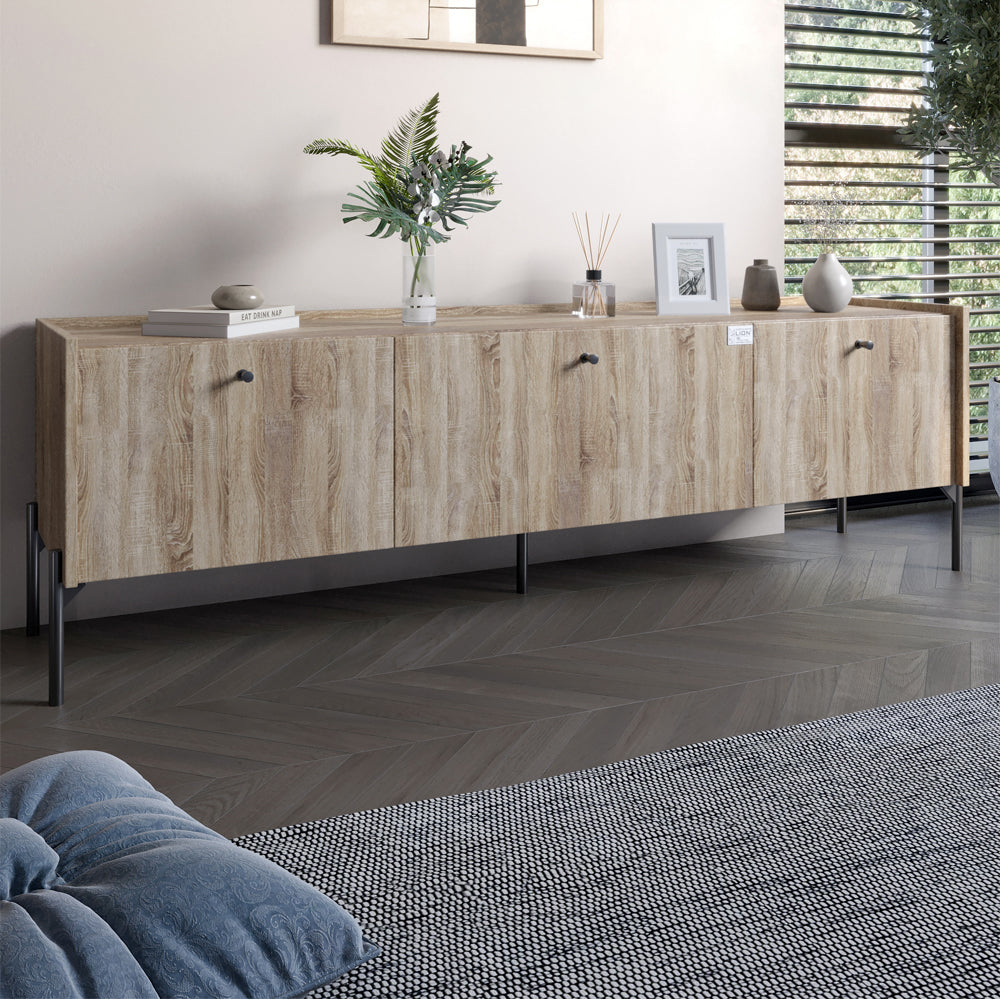 Тумба под телевизор на 3 ящика LION Wood с черными ножками 160х65х40 см Дуб Сонома Трюфель (LION-043101)