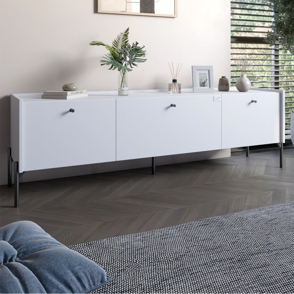 Тумба под телевизор на 3 ящика LION Wood с черными ножками 160х65х40 см Нимфея Альба (белый) (LION-043102)