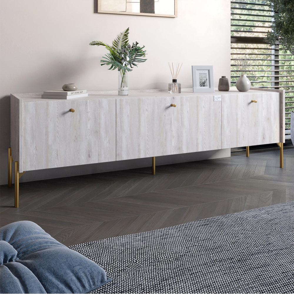 Тумба под телевизор на 3 ящика LION Wood с золотыми ножками 160х65х40 см Самоа Дымчатый (LION-042999)