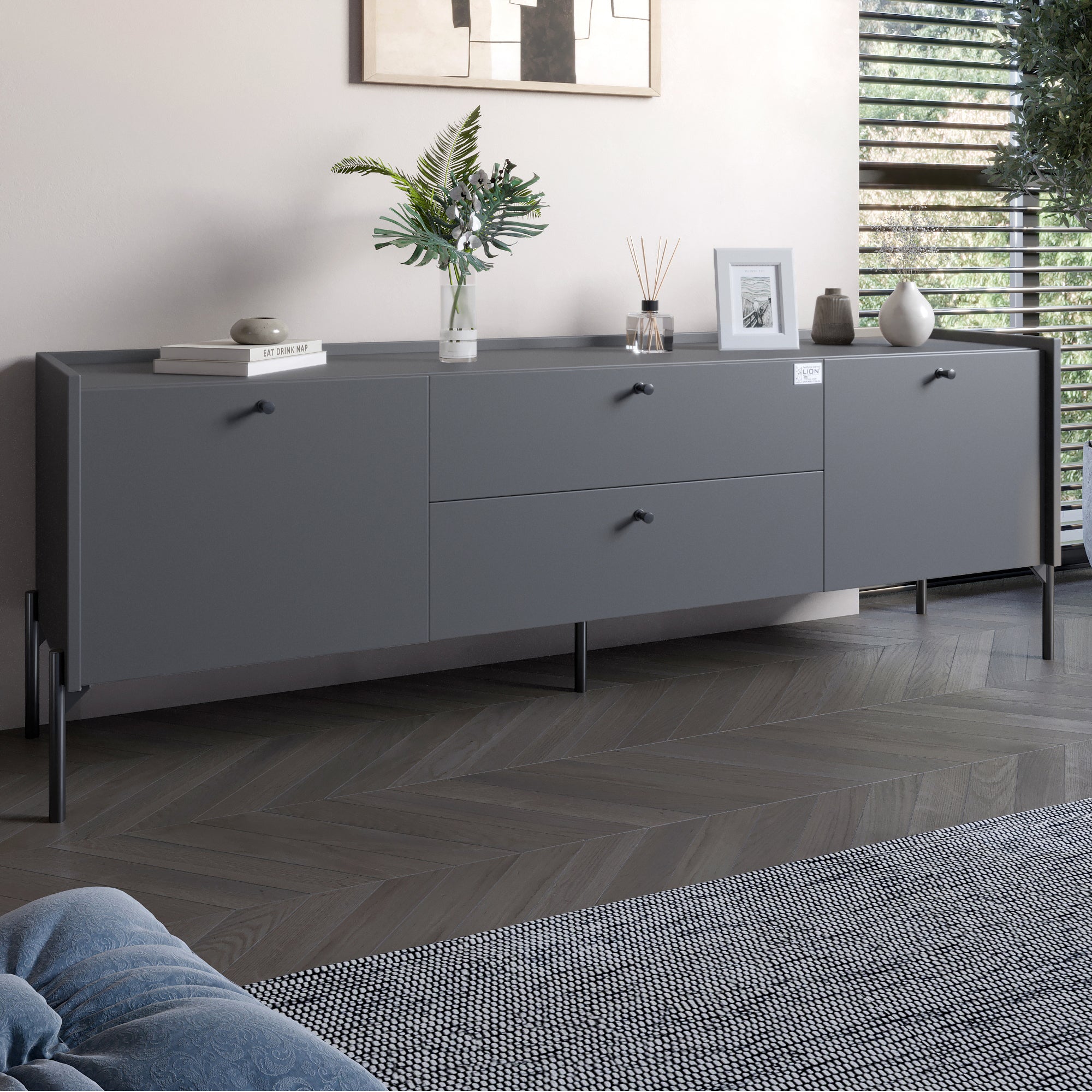 Тумба под телевизор с ящиками LION Wood с черными ножками 160х65х40 см Антрацит (LION-043107)