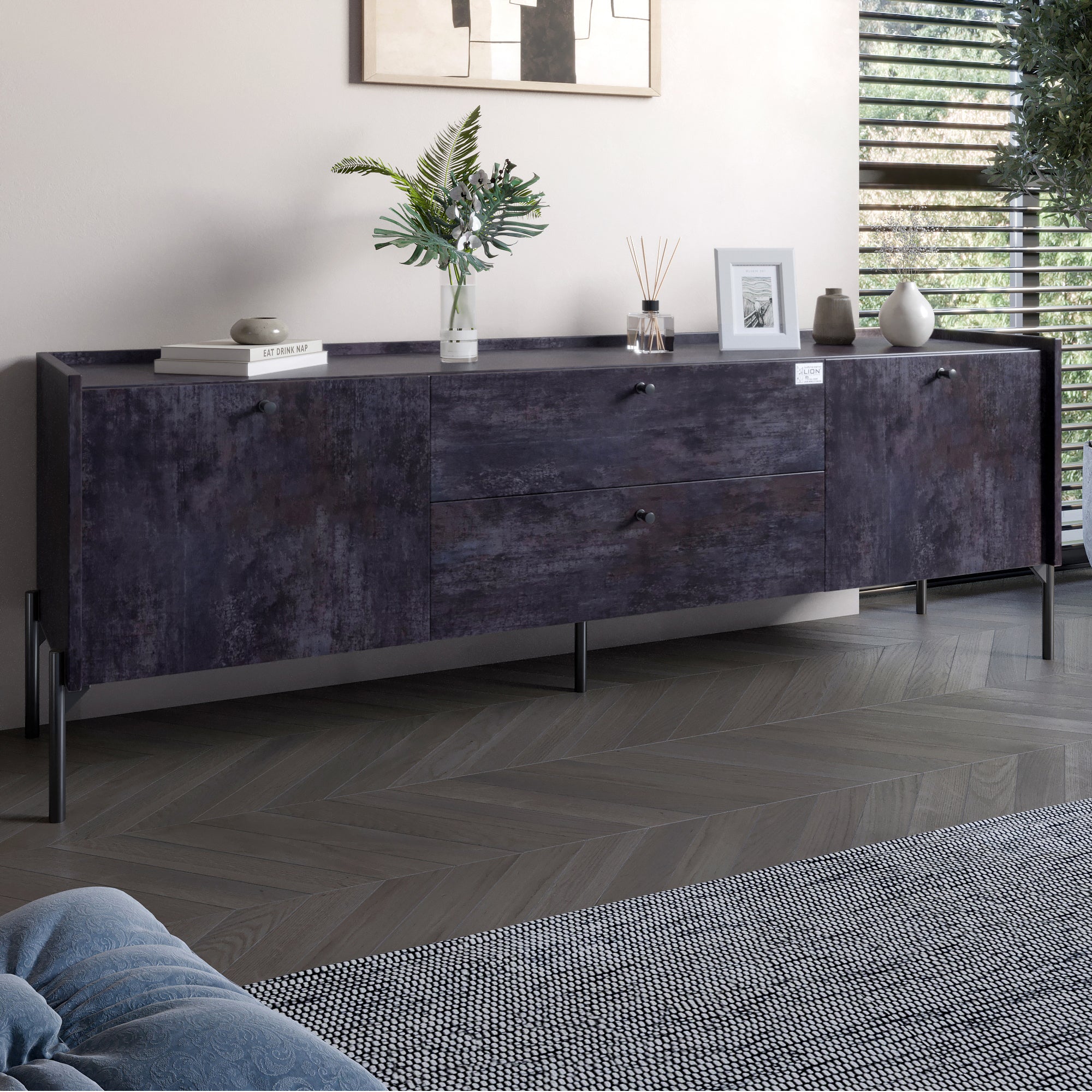 Тумба под телевизор с ящиками LION Wood с черными ножками 160х65х40 см Бетон темный (LION-043124)