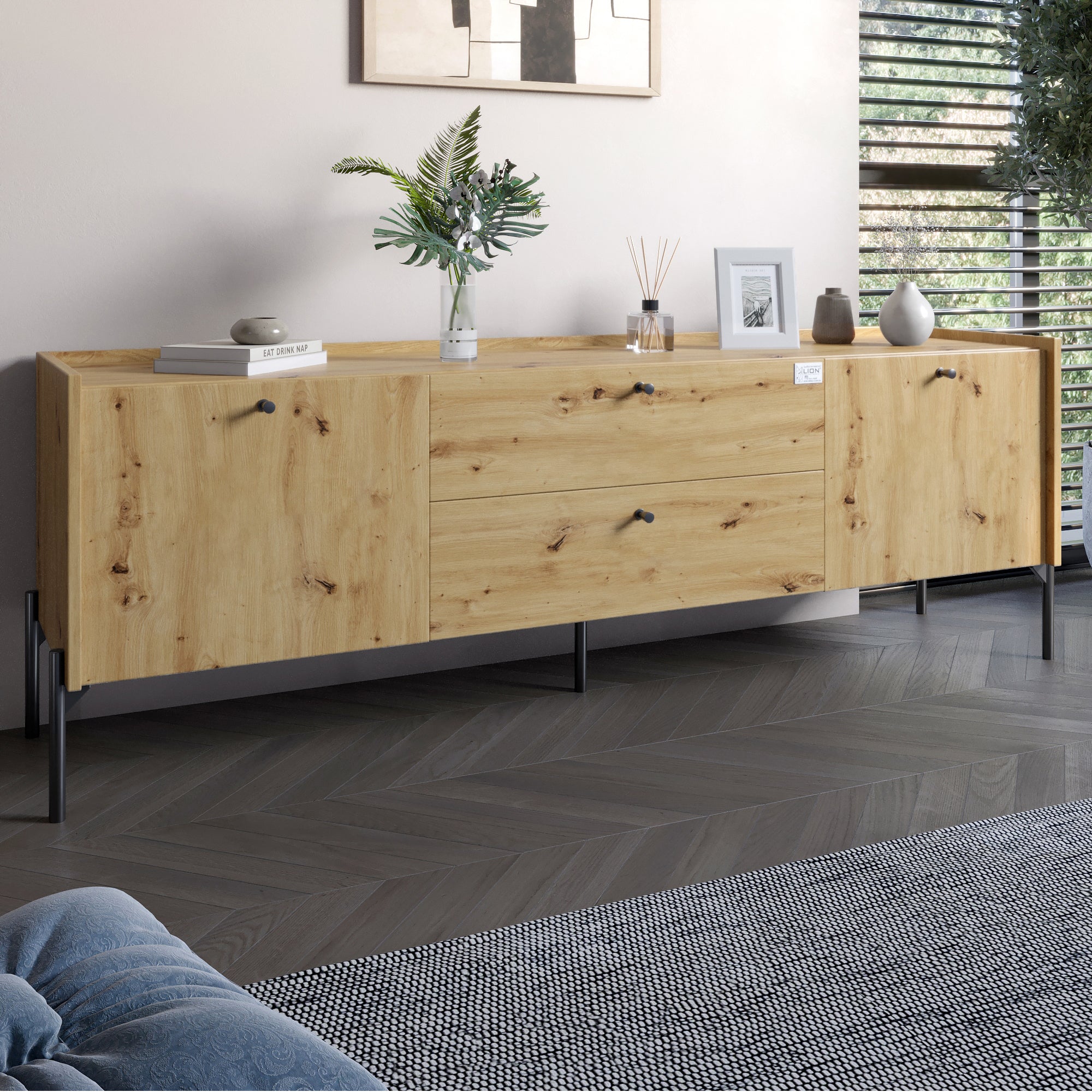 Тумба под телевизор с ящиками LION Wood с черными ножками 160х65х40 см Дуб Артизан (LION-043127)