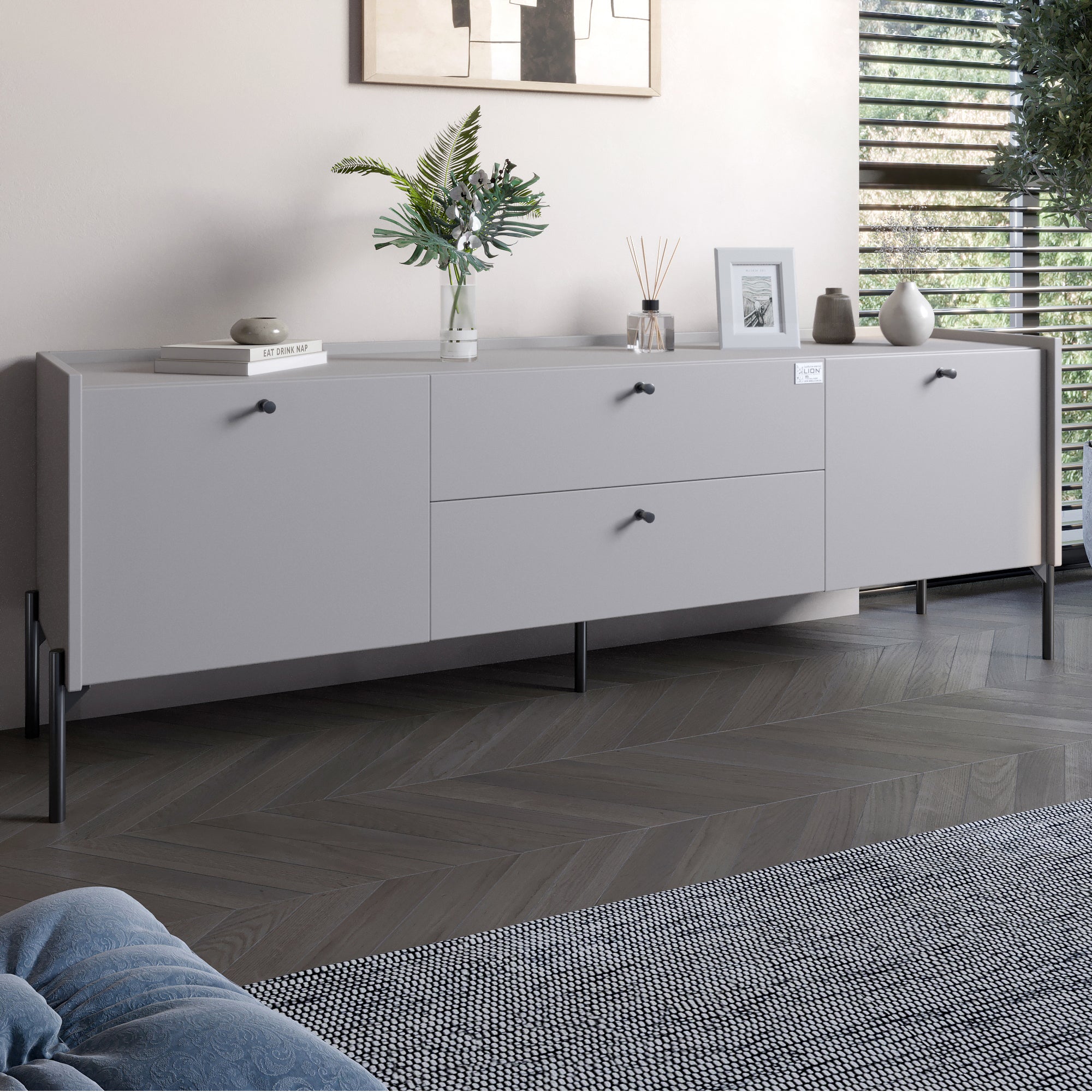 Тумба под телевизор с ящиками LION Wood с черными ножками 160х65х40 см Кашемир (LION-043131)