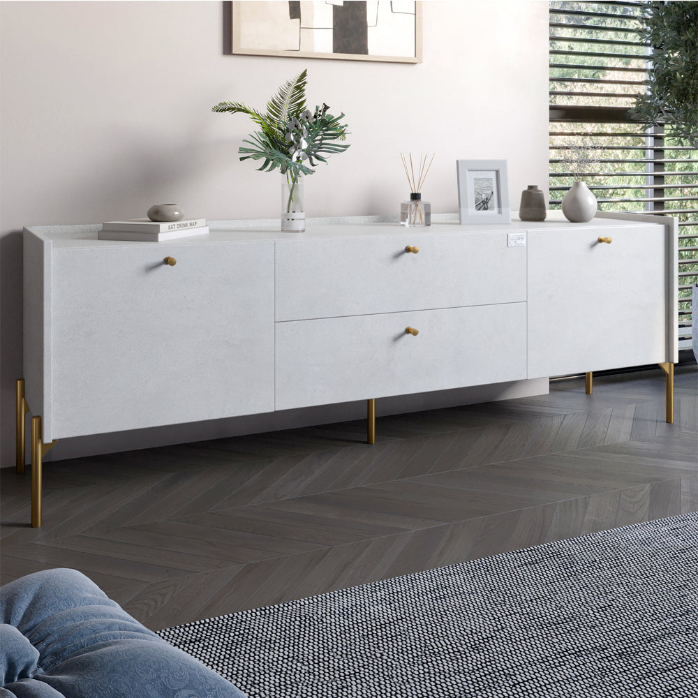 Тумба под телевизор с ящиками LION Wood с золотыми ножками 160х65х40 см. Бетон style (LION-043109)