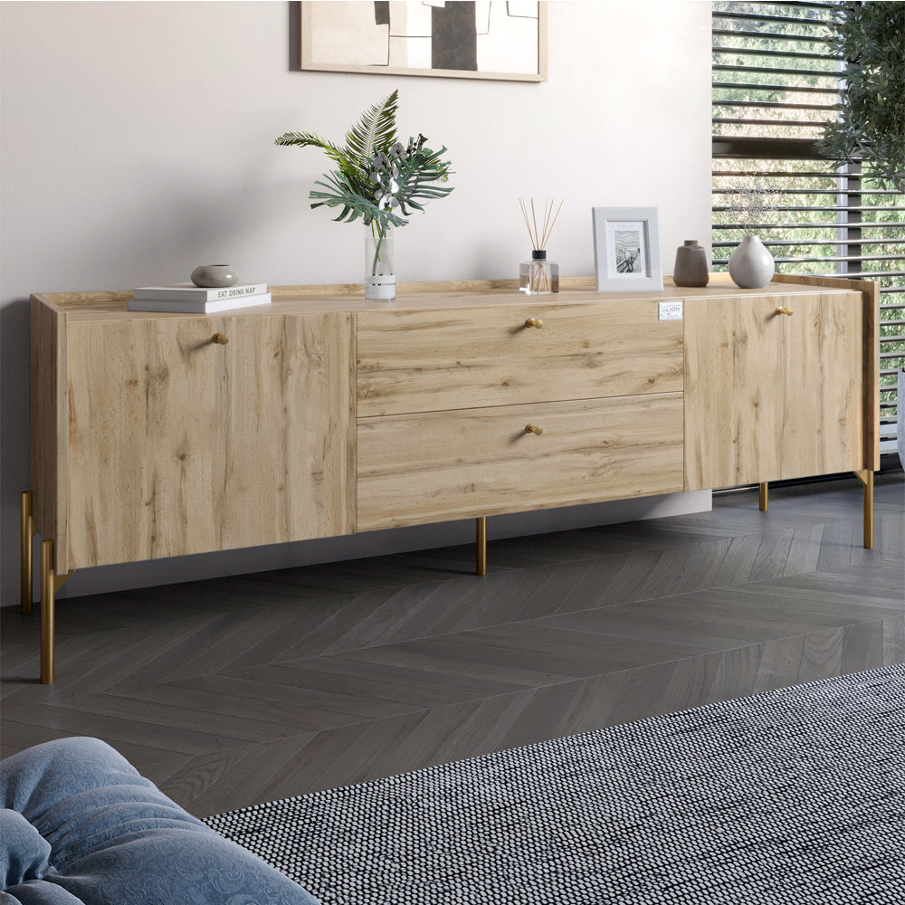 Тумба под телевизор с ящиками LION Wood с золотыми ножками 160х65х40 см Дуб Аппалачи (LION-043112)