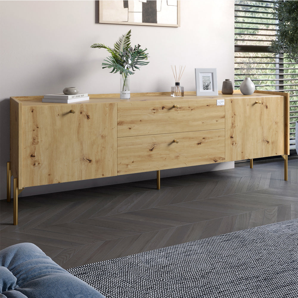 Тумба под телевизор с ящиками LION Wood с золотыми ножками 160х65х40 см Дуб Артизан (LION-043113)