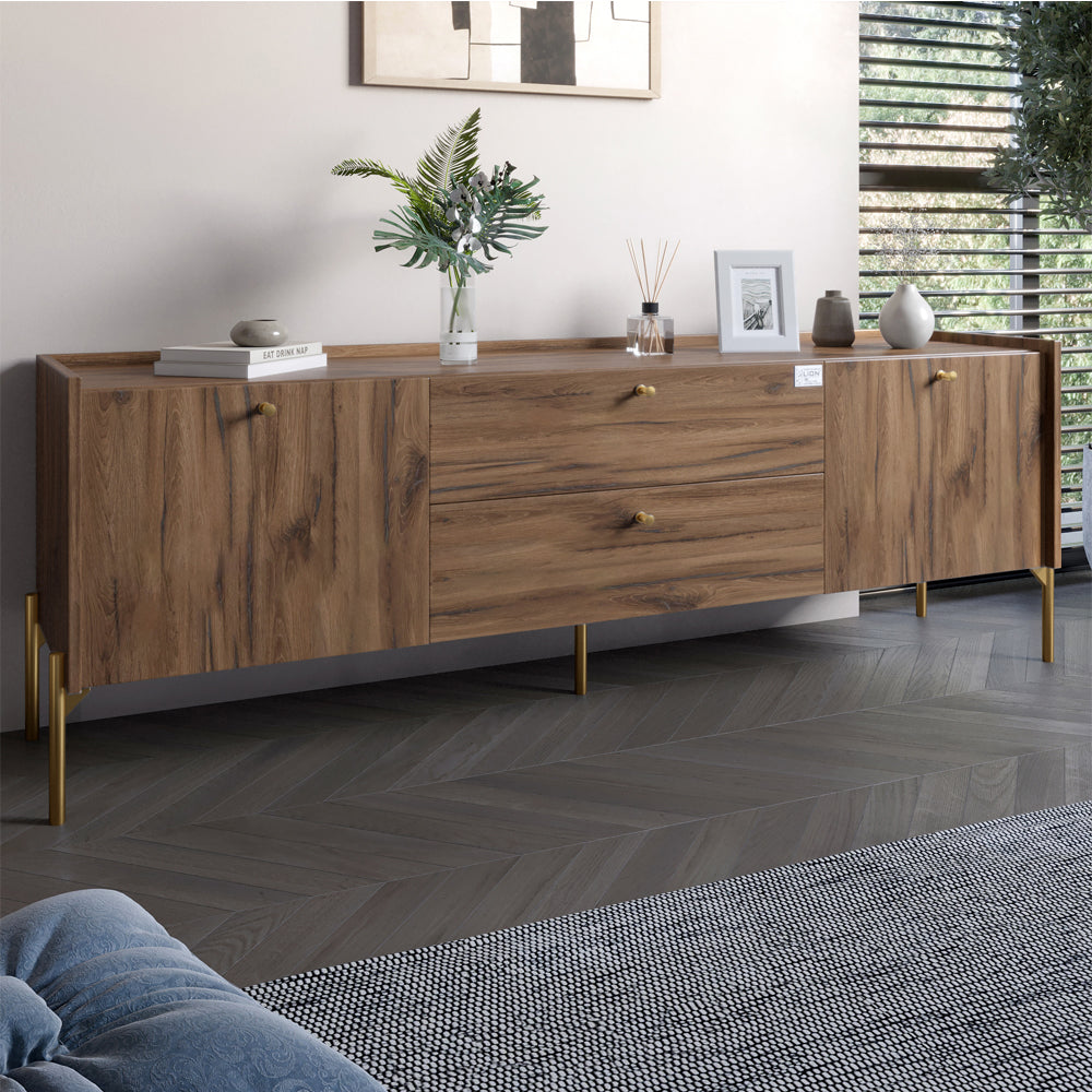 Тумба под телевизор с ящиками LION Wood с золотыми ножками 160х65х40 см Дуб Ливорно (LION-043114)