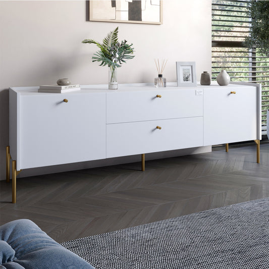 Тумба под телевизор с ящиками LION Wood с золотыми ножками 160х65х40 см Нимфея Альба (белый) (LION-043118)