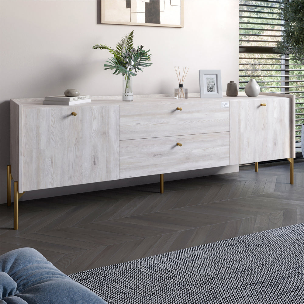 Тумба под телевизор с ящиками LION Wood с золотыми ножками 160х65х40 см Самоа Дымчатый (LION-043120)