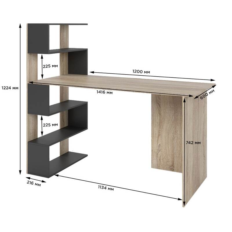 Cтол компьютерный с полками М-ЗОН Джеко 1416L левый Сонома/Антрацит (MZN-031027)