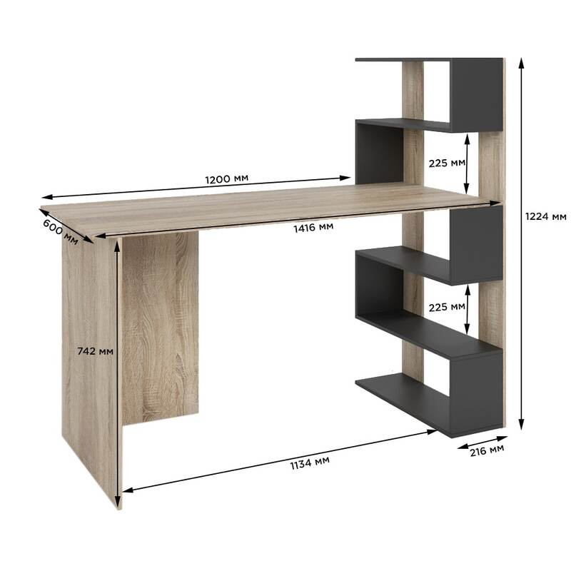 Cтол компьютерный с полками М-ЗОН Джеко 1416P правый Сонома/Антрацит (MZN-031030)