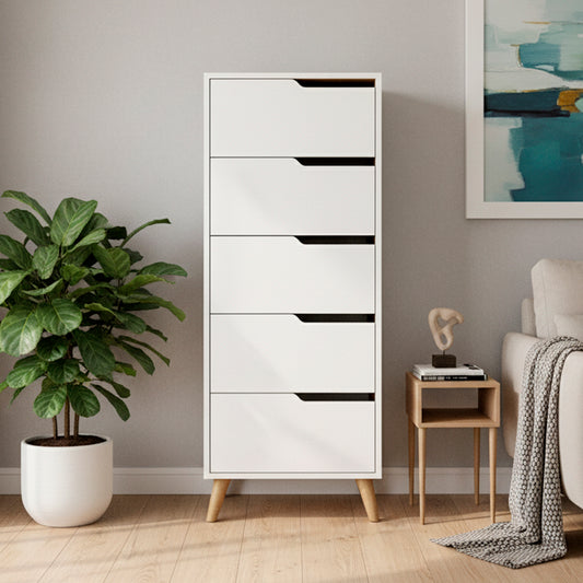 Комод высокий с ножками в цвете Орех светлый 5 ящиков М-ЗОН Борн 500 Нимфея Альба (белый) (MZN-031111)