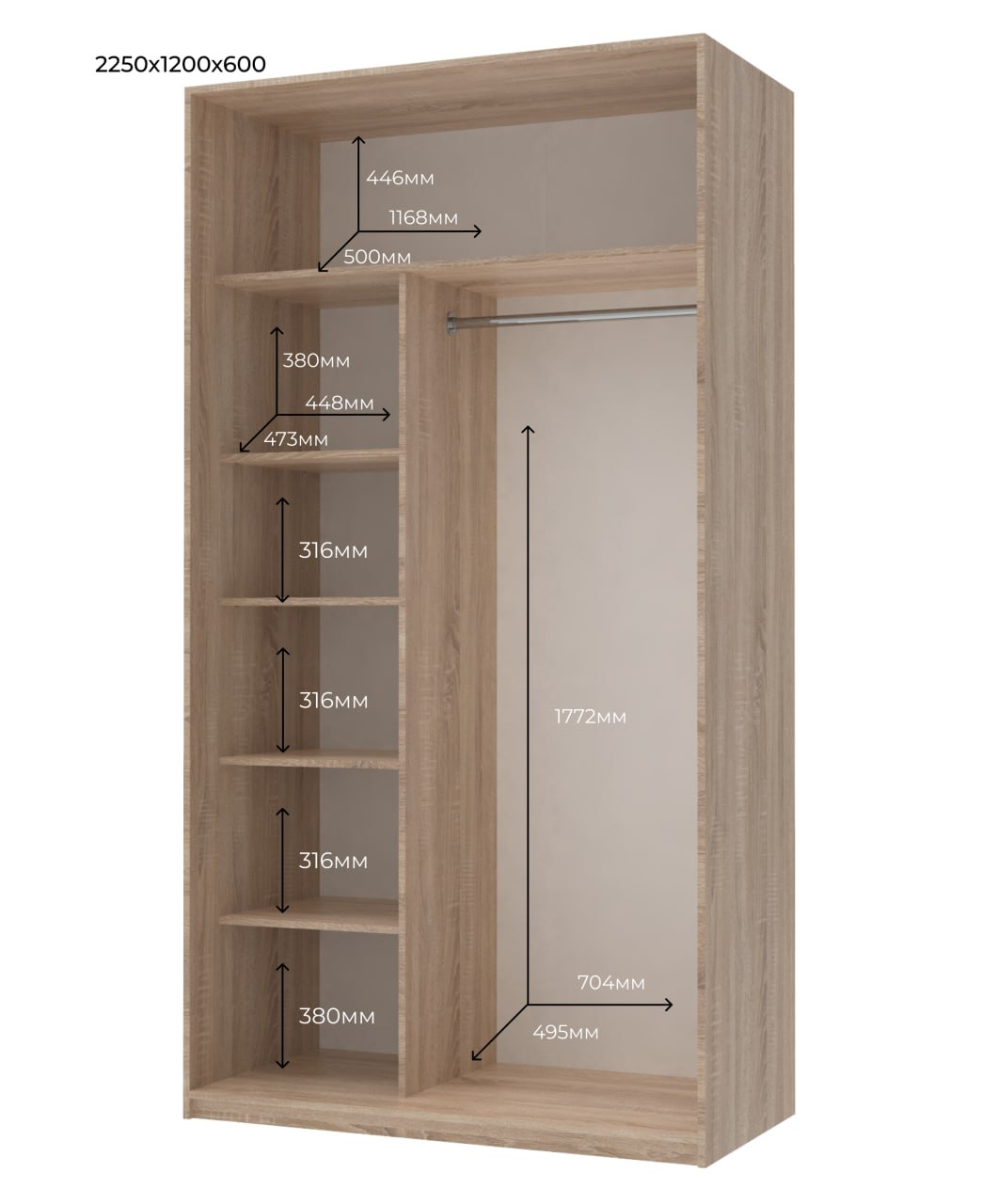 Шкаф-купе двухдверный Doros Сити Лайт 120х60х225 см Дуб сонома (DRS-011091)