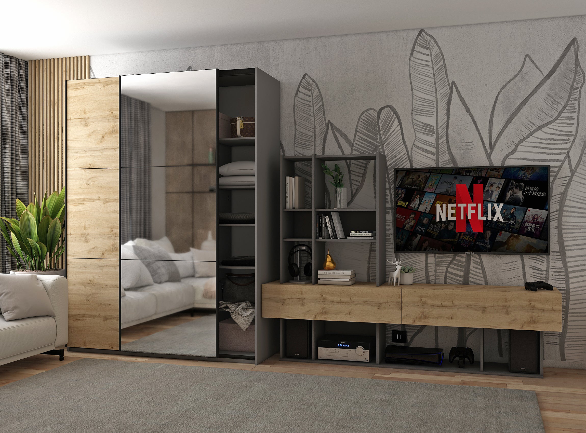 Шкаф-купе двухдверный Doros G-Caiser 160х60х240 см Графит/Дуб евок/1 Зеркало (DRS-011038)