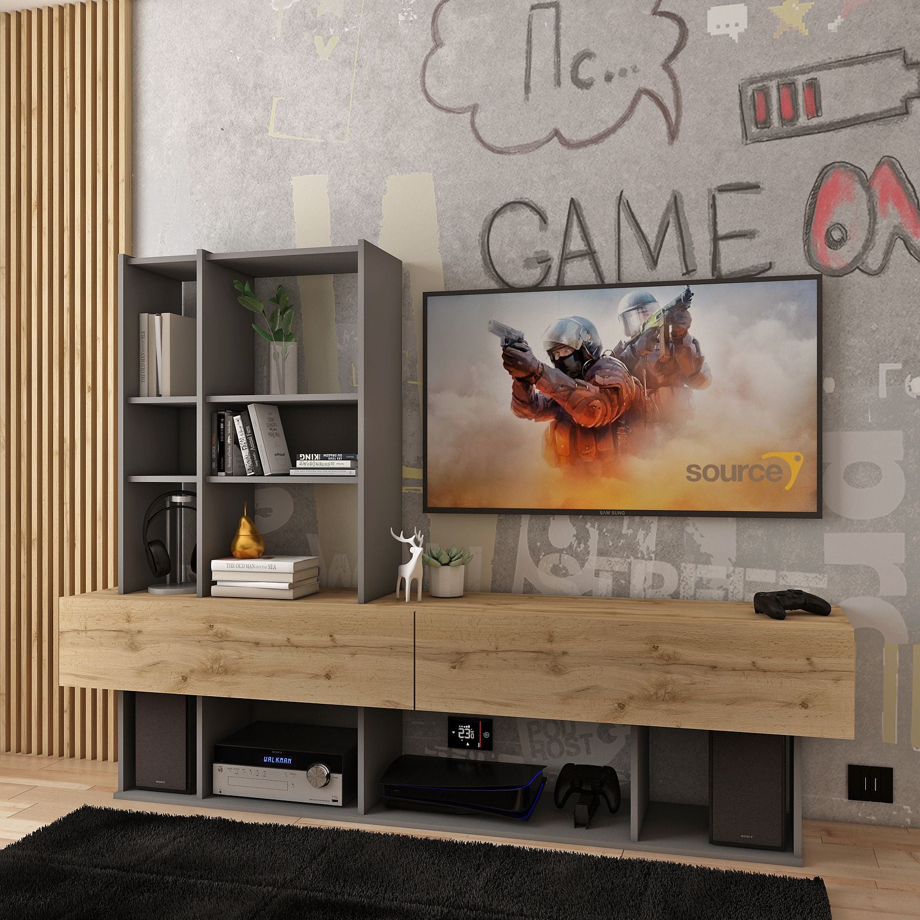 Стенка в гостиную Doros Нота 195х42х147 см Графит/Дуб евок (DRS-011334)