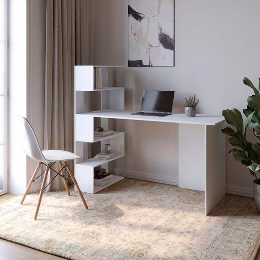 Cтол компьютерный с полками М-ЗОН Джеко 1416L левый Нимфея Альба (белый) (MZN-031025)