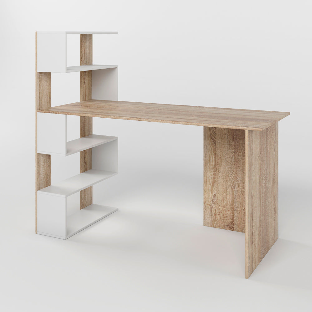 Cтол компьютерный с полками М-ЗОН Джеко 1416L левый Сонома/Нимфея Альба (белый) (MZN-031026)