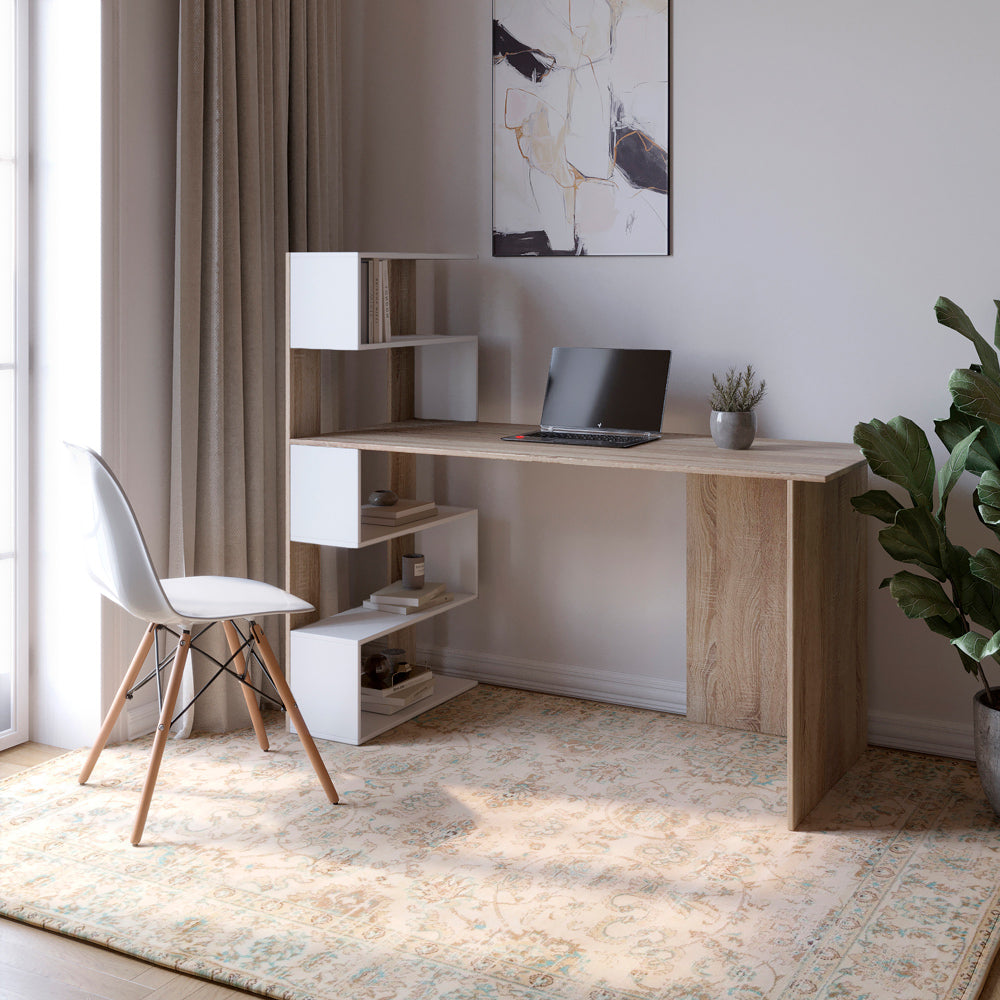 Cтол компьютерный с полками М-ЗОН Джеко 1416L левый Сонома/Нимфея Альба (белый) (MZN-031026)