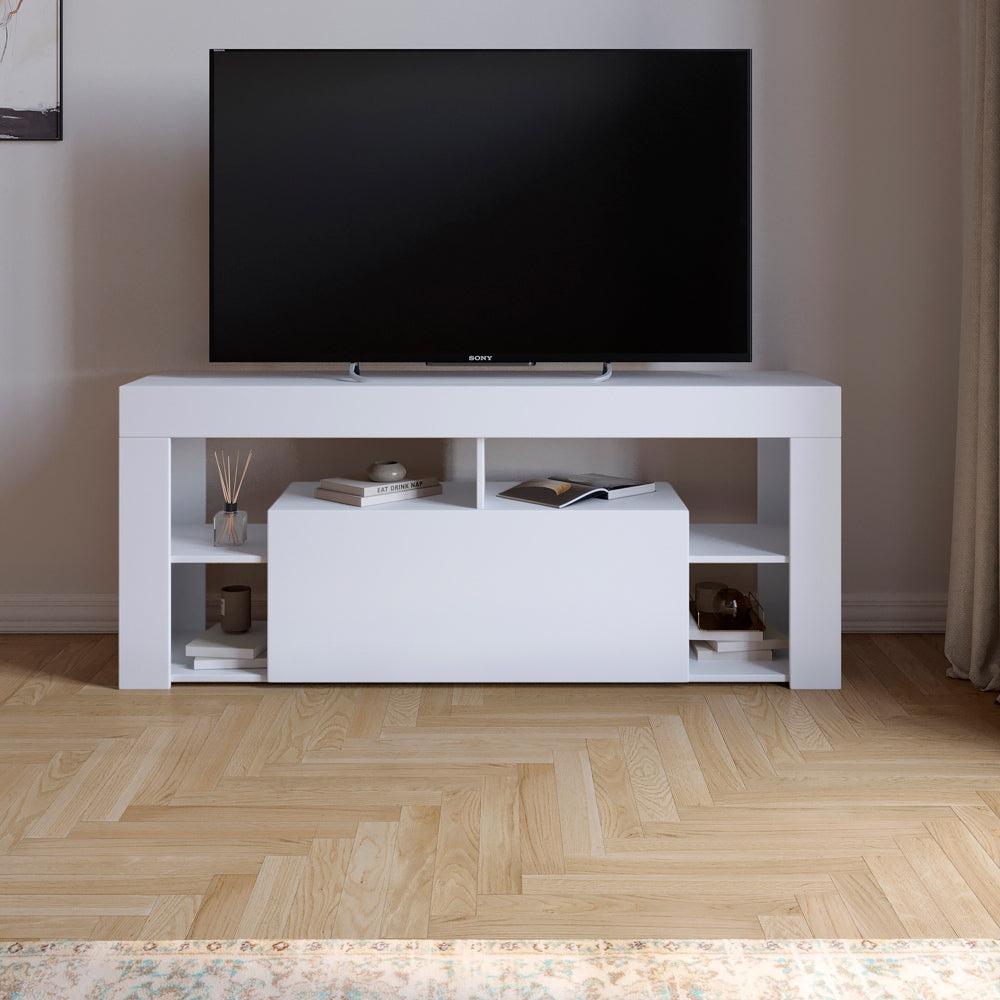 Тумба под телевизор с 4 полками М-ЗОН Джеко 140 Нимфея Альба (белый) (MZN-031034)