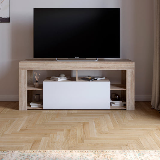 Тумба под телевизор с 4 полками М-ЗОН Джеко 140 Сонома/Нимфея Альба (белый) (MZN-031035)