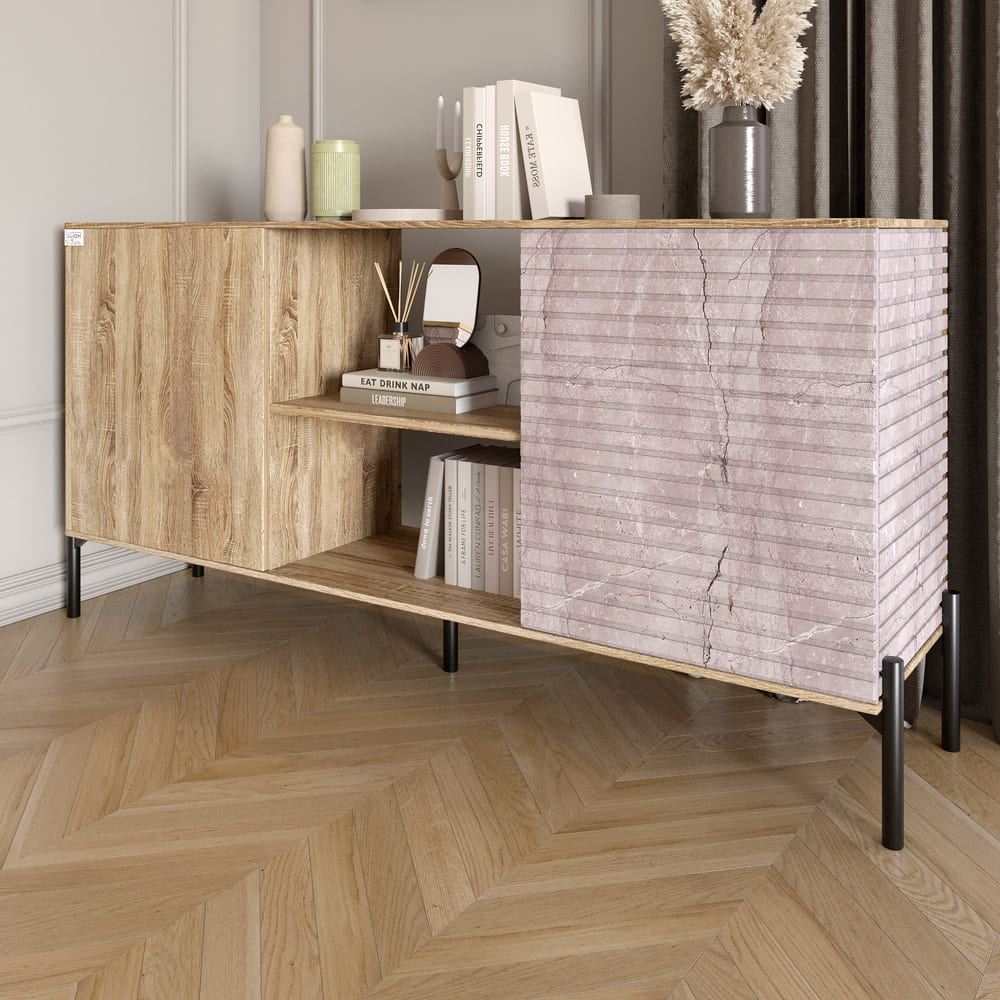 Комод открытый на черных металлических ножках LION Грей Дуб Сонома трюфель/Камень (LION-042796)