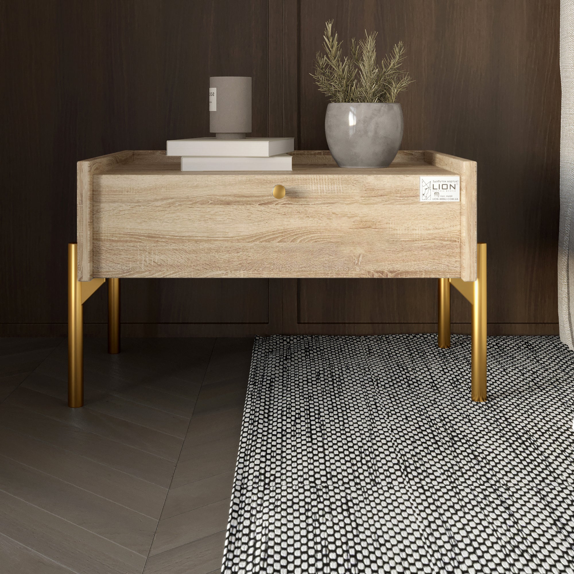 Гарнитур в спальню комод и прикроватная тумба на 1 ящик LION Wood Дуб Сонома (LION-041529)