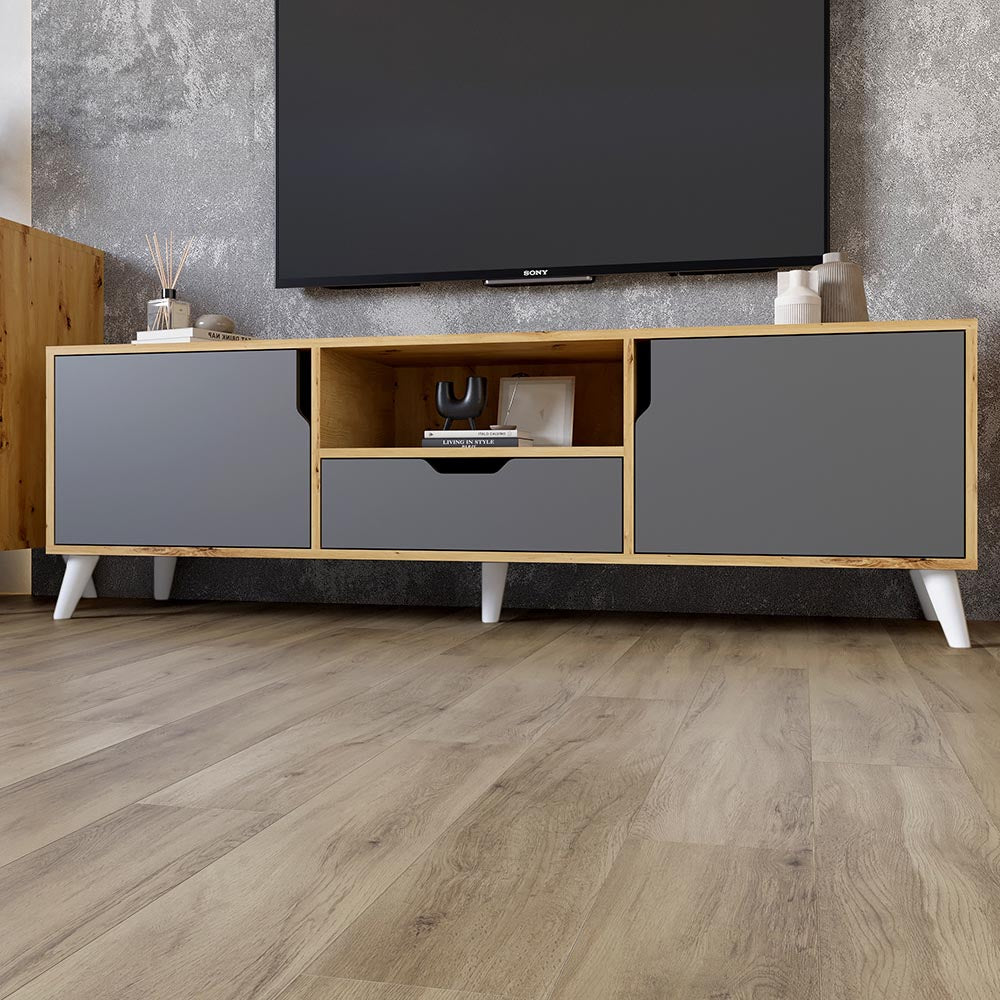 Тумба под телевизор с белыми ножками М-ЗОН Борн 1600 Дуб артизан/Антрацит (MZN-031076)