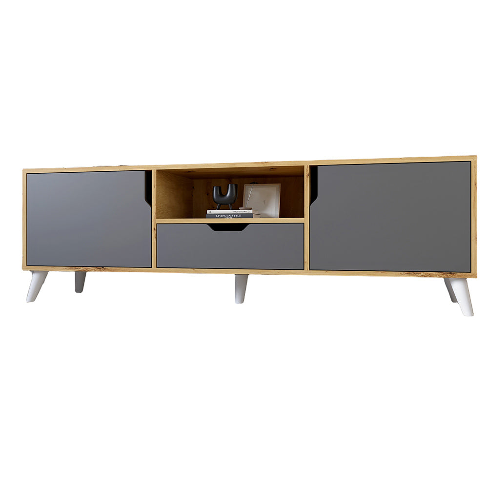 Тумба под телевизор с белыми ножками М-ЗОН Борн 1600 Дуб артизан/Антрацит (MZN-031076)