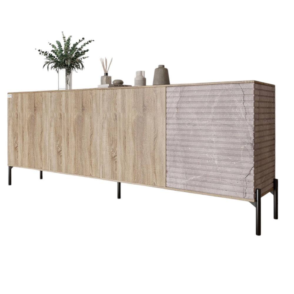 Комод в гостиную на черных металлических ножках LION Грей 204x38x76,5 см Дуб сонома трюфель/Камень (LION-042616)