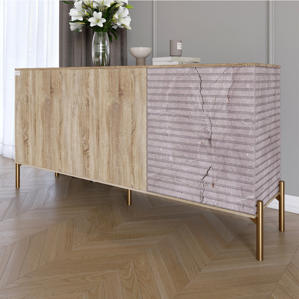 Комод закрытый в гостиную на золотых металлических ножках LION Грей 154x38x76,5 см Дуб сонома/Камень (LION-041857)