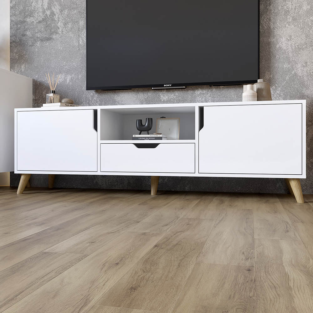 Тумба под телевизор с ножками в цвете Орех светлый М-ЗОН Борн 1600 Нимфея Альба (белый) (MZN-031087)