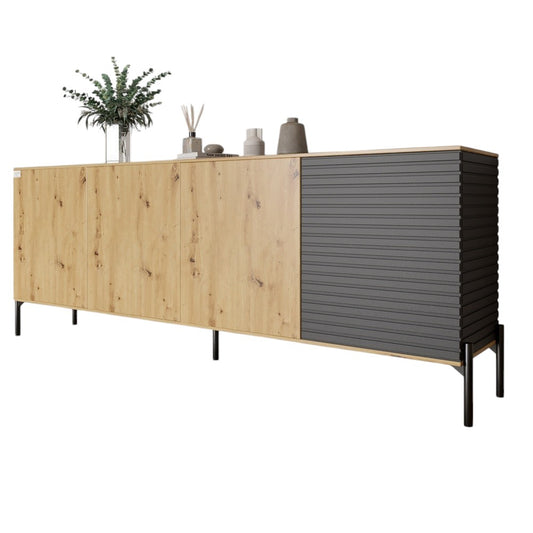 Комод в гостиную на черных металлических ножках LION Грей 204x38x76,5 см Дуб Артизан/Асфальт (LION-042457)