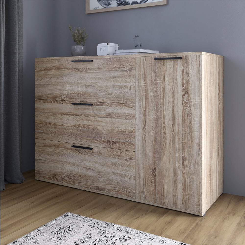 Комод LION Краш с тремя выдвижными ящиками и закрытыми полками Дуб сонома трюфель (LION-044152)