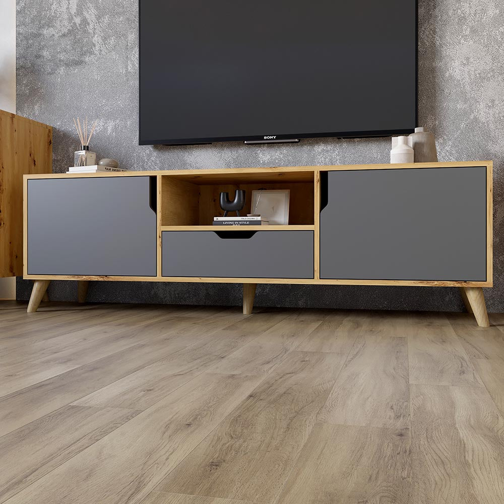 Тумба под телевизор с ножками в цвете Орех светлый М-ЗОН Борн 1600 Дуб артизан/Антрацит (MZN-031078)