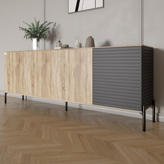 Комод в гостиную на черных металлических ножках LION Грей 204x38x76,5 см Дуб сонома/Асфальт (LION-042458)