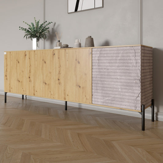 Комод в гостиную на черных металлических ножках LION Грей 204x38x76,5 см Дуб Артизан/Камень (LION-042618)