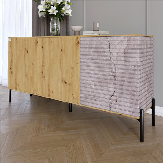 Комод закрыт в гостиную на черных металлических ножках LION Грей 154x38x76,5 см Дуб Артизан/Камень (LION-041794)