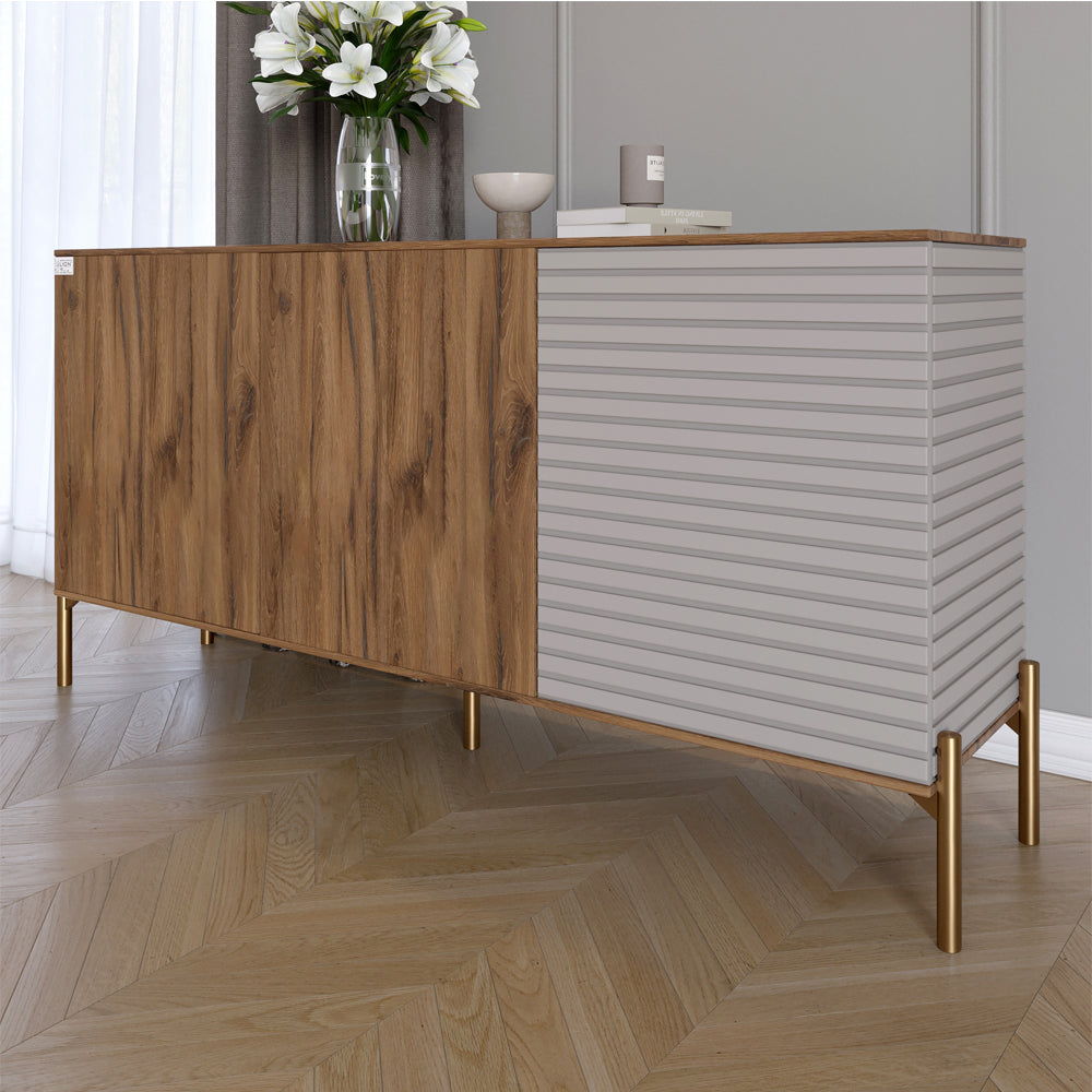 Комод закрытый в гостиную на золотых металлических ножках LION Грей 154x38x76,5 см Дуб Ливорно/Кашемир (LION-041870)