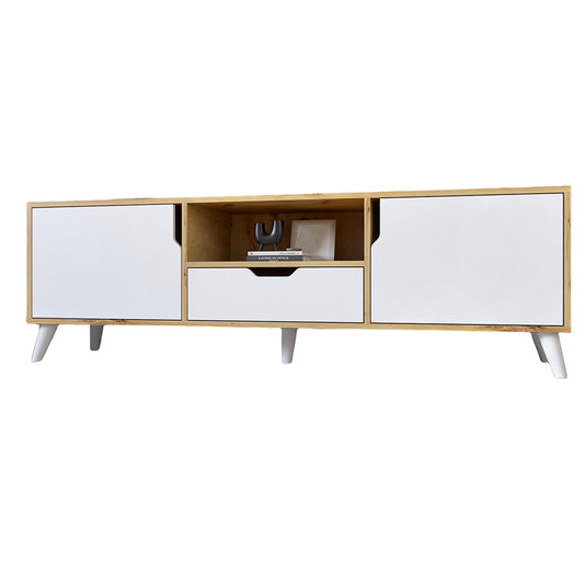 Тумба под телевизор с белыми ножками М-ЗОН Борн 1600 Дуб Артизан/Нимфея Альба (белый) (MZN-031079)