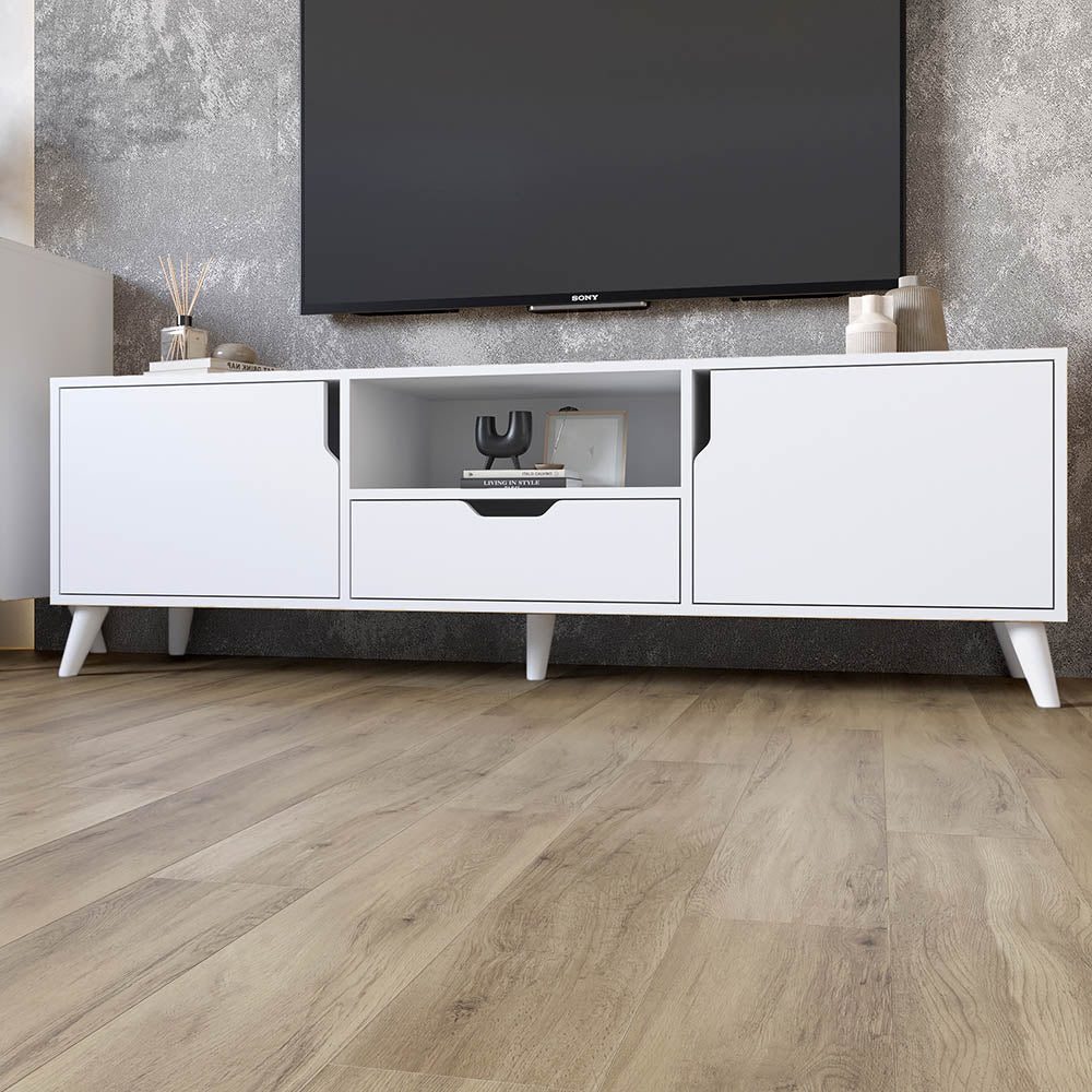 Тумба под телевизор с белыми ножками М-ЗОН Борн 1600 Нимфея Альба (белый) (MZN-031099)