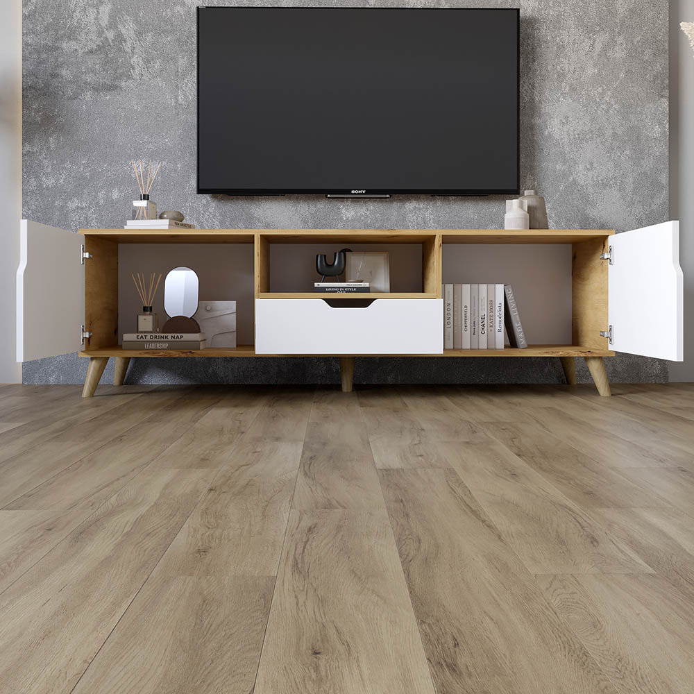 Тумба под телевизор с белыми ножками М-ЗОН Борн 1600 Дуб Артизан/Нимфея Альба (белый) (MZN-031079)