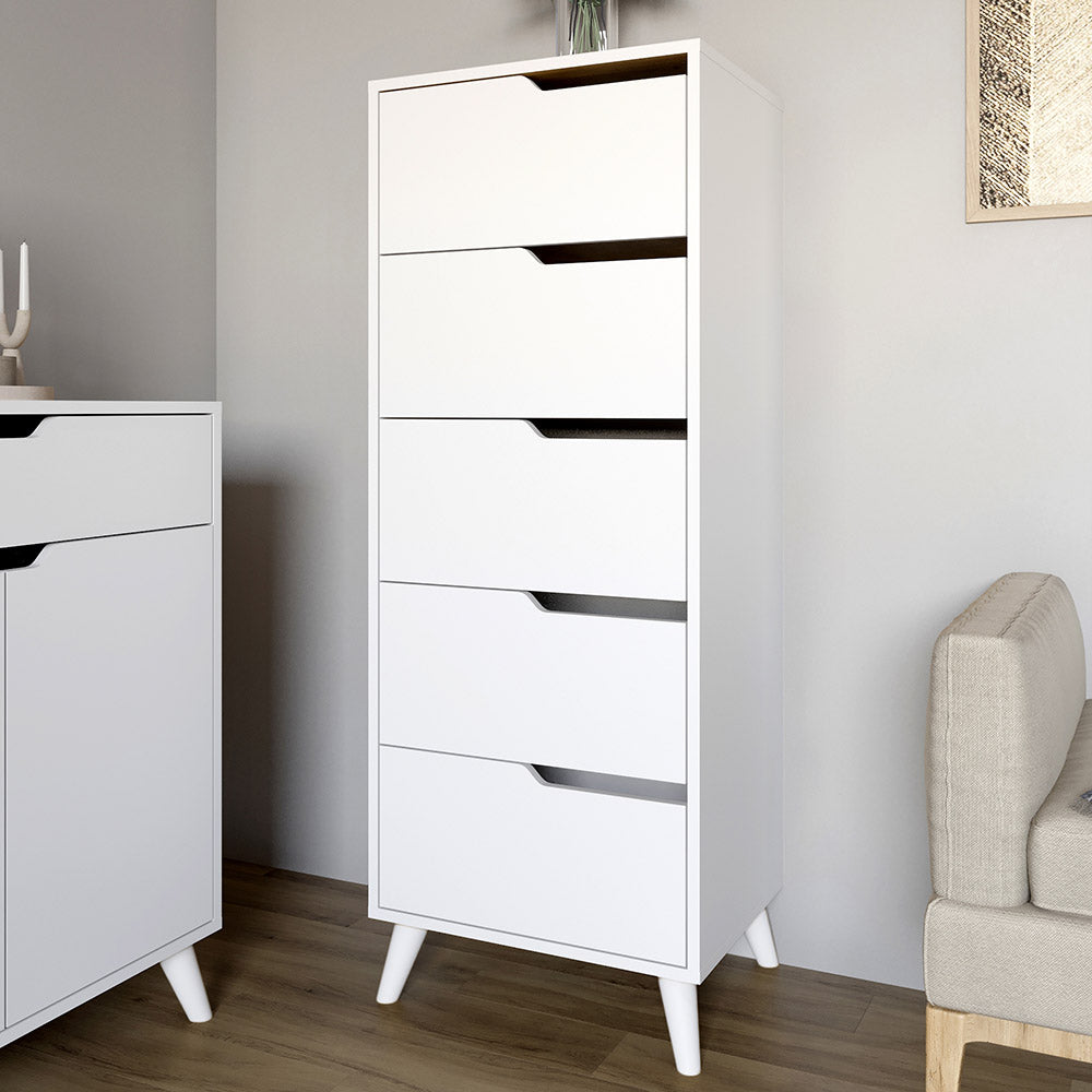 Комод высокий с белыми ножками 5 ящиков М-ЗОН Борн 500 Нимфея Альба (белый) (MZN-031109)