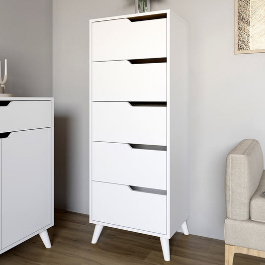 Комод высокий с белыми ножками 5 ящиков М-ЗОН Борн 500 Нимфея Альба (белый) (MZN-031109)