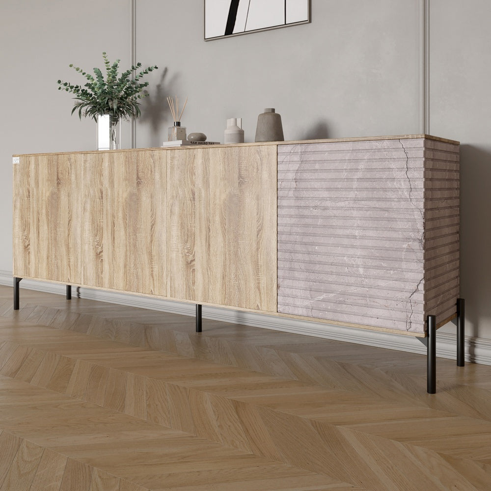 Комод в гостиную на черных металлических ножках LION Грей 204x38x76,5 см Дуб сонома/Камень (LION-042609)