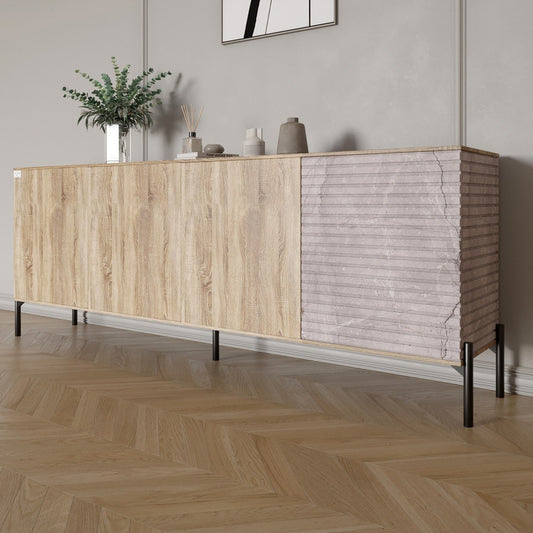 Комод в гостиную на черных металлических ножках LION Грей 204x38x76,5 см Дуб сонома/Камень (LION-042609)