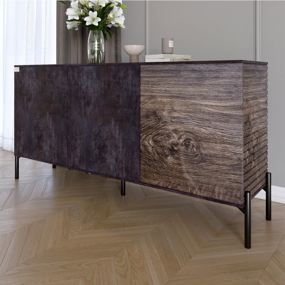 Комод закрыт в гостиную на черных металлических ножках LION Грей 154x38x76,5 см Бетон темный/Дерево (LION-041775)
