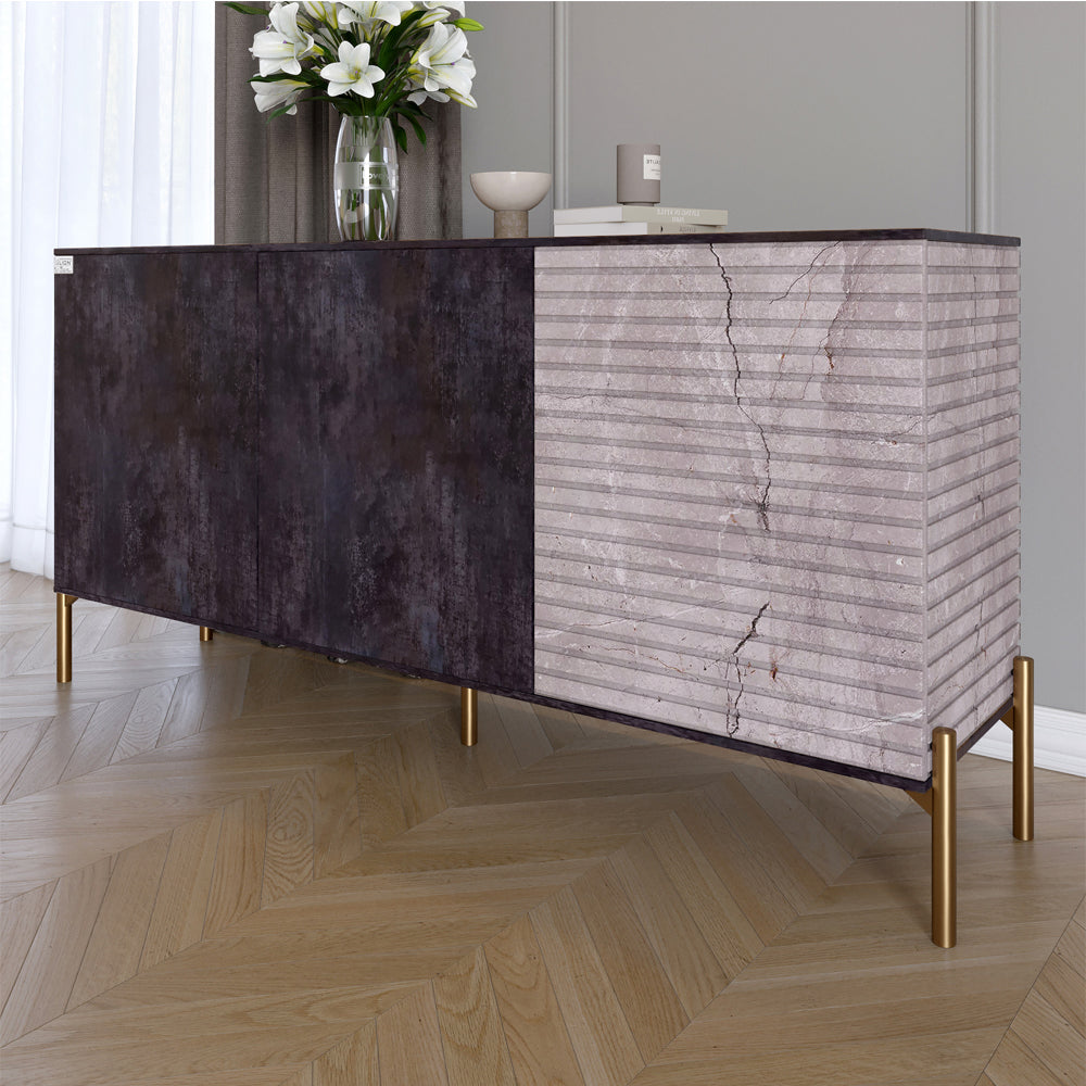 Комод закрытый в гостиную на золотых металлических ножках LION Грей 154x38x76,5 см Бетон темный/Камень (LION-041850)