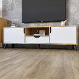 Тумба под телевизор с черными ножками М-ЗОН Борн 1600 Дуб Артизан/Нимфея Альба (белый) (MZN-031080)